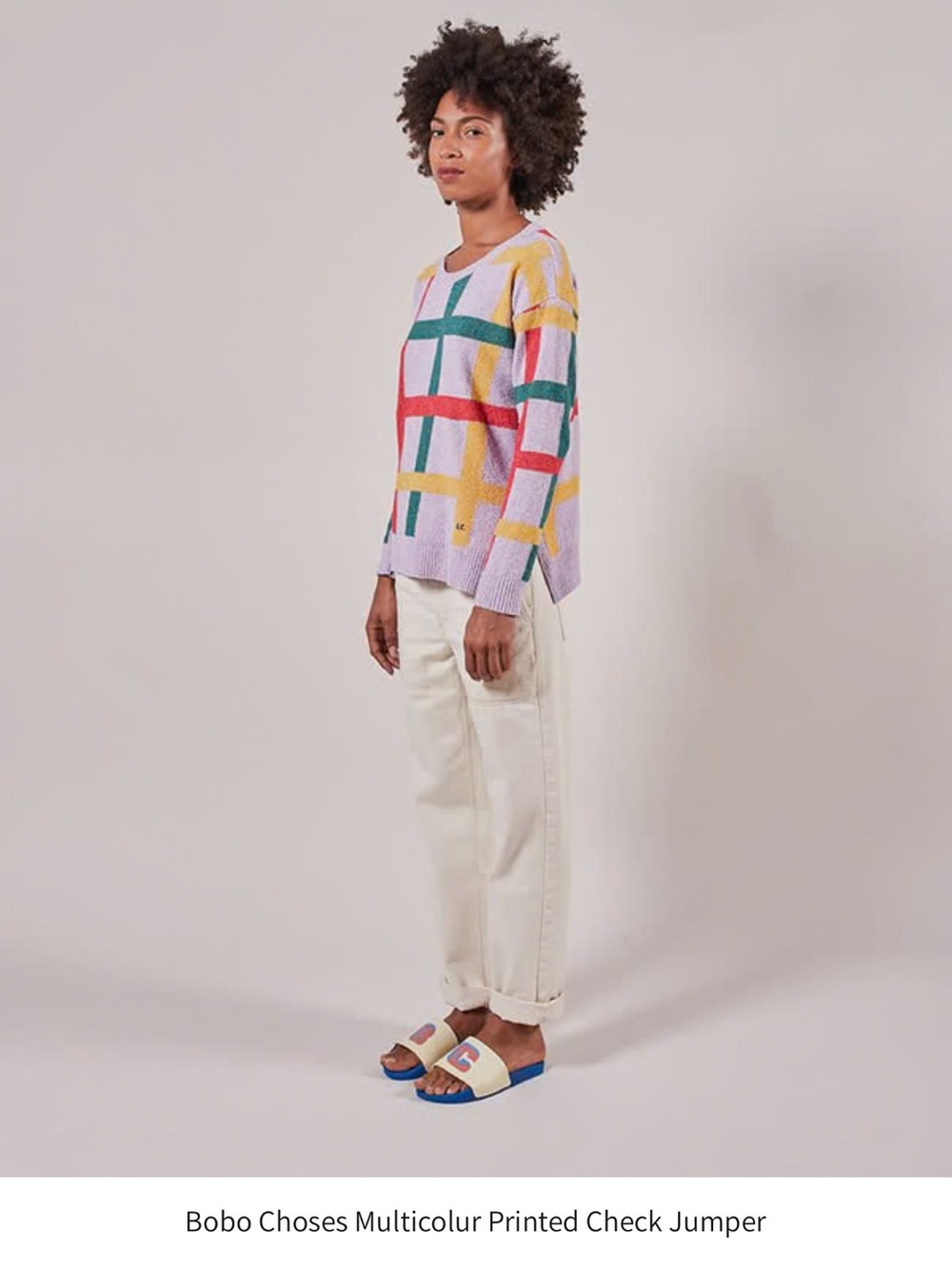 Bobo Choses Lavender Crewneck Sweater with Red, Green and Yellow Plaid - Picture 2 of 11